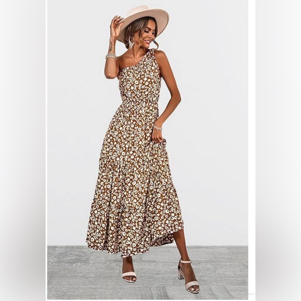 Prettygarden women floral maxi one shoulder floral Brown dress XL summer wedding
